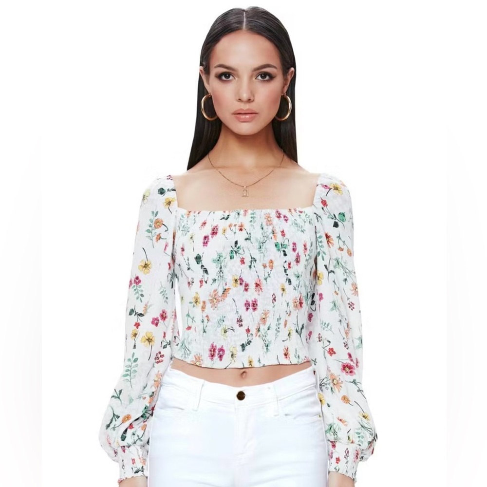 White Floral Smocked Square-Neck Long Sleeve Top